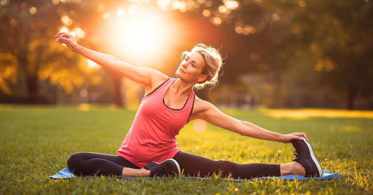 Woman in her 40s stretching outdoors at sunset as part of a natural fitness routine to support health during menopause.