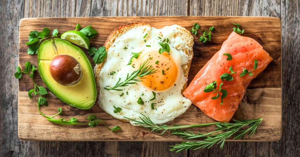 Healthy protein and fat sources like salmon and avocado on a wooden board