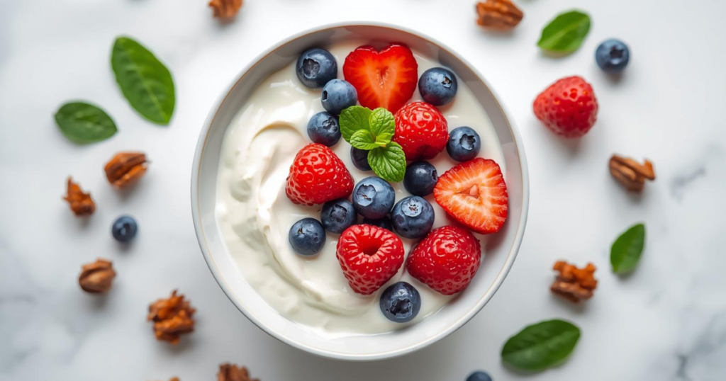 Greek yogurt bowl with berries and seeds supporting healthy digestion