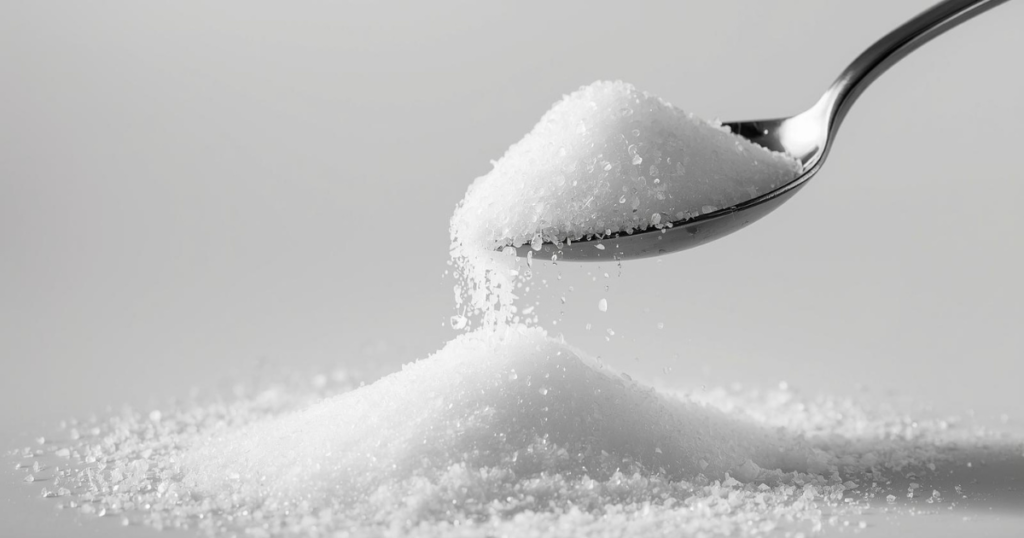 Close-up of white sugar spilling from a spoon representing reduced sugar habits
